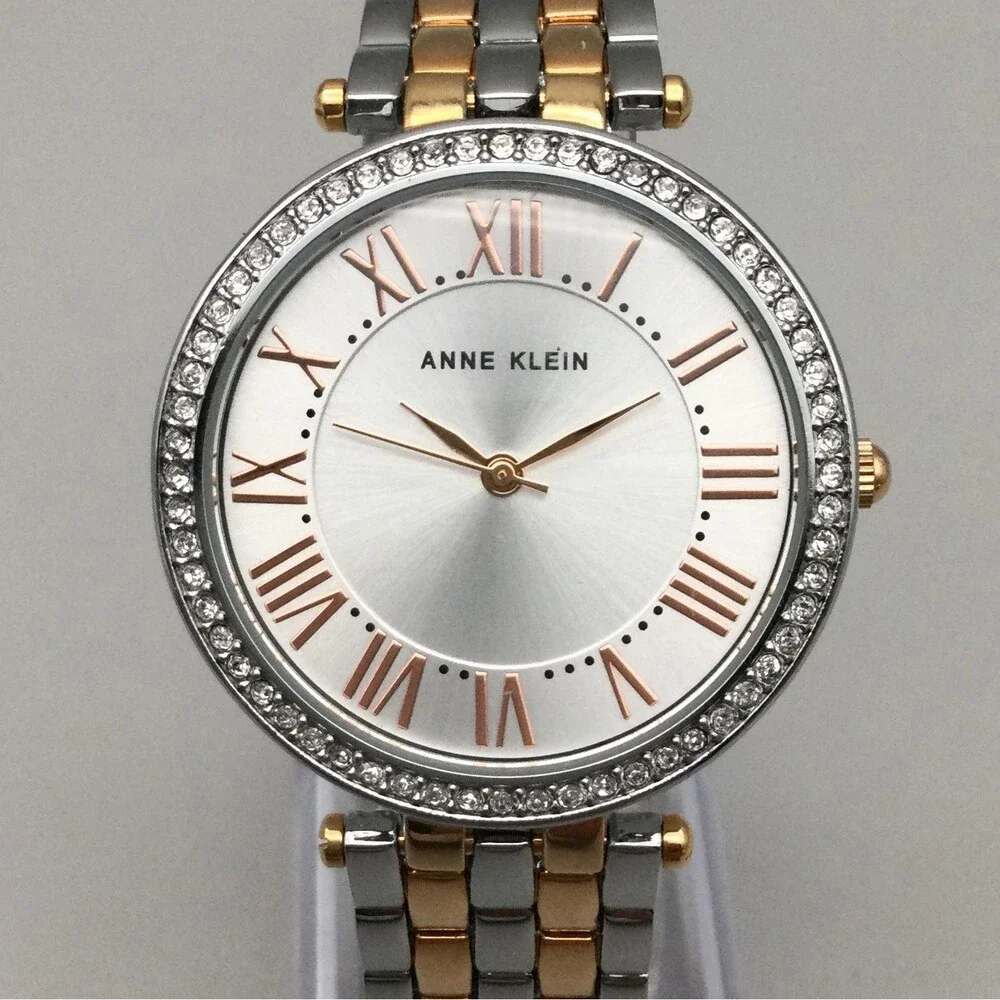 Anne Klein Womens Watch 34mm Silver Two Tone Crystals AK/2251 New Battery 7.75